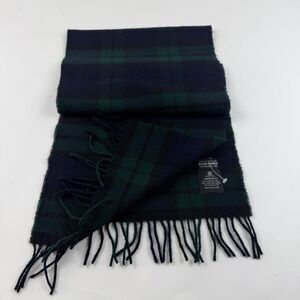 Brooks Brothers Black Watch Lambswool Scarf Blue Green Tartan Fringe 54 x 12